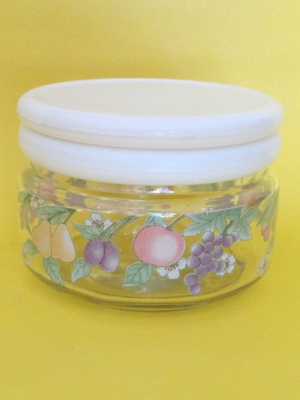 Vintage KIG Indonesia small glass jar with a fruit pattern